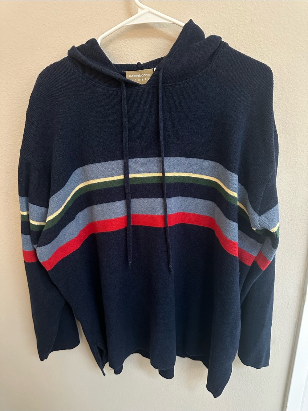 Vintage 90s Liz Claiborne Lizwear Striped Hoodie Sweater L Navy 100% Cotton Knit